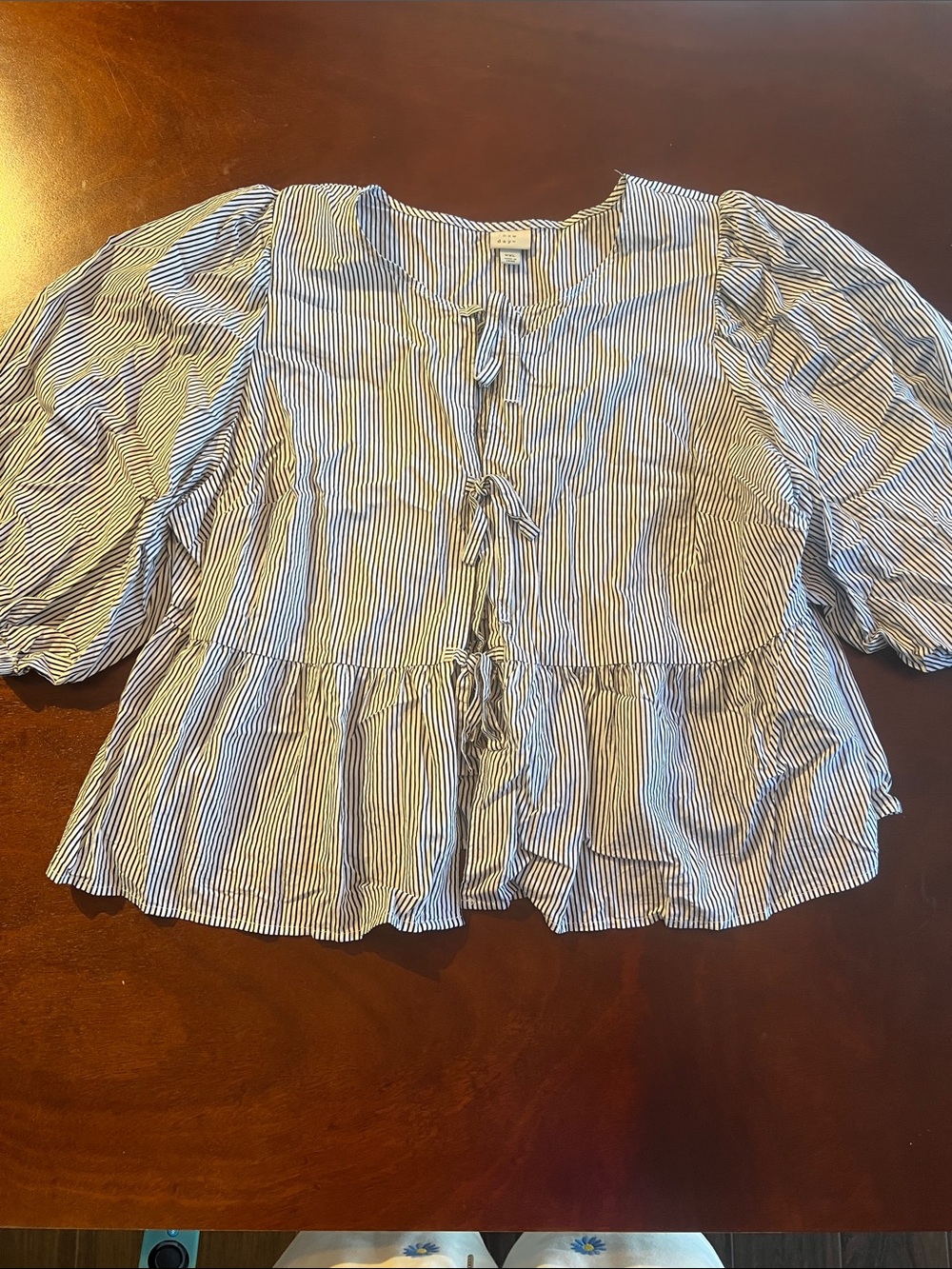 a new day Blue & White Striped Tie-Front Peplum Blouse